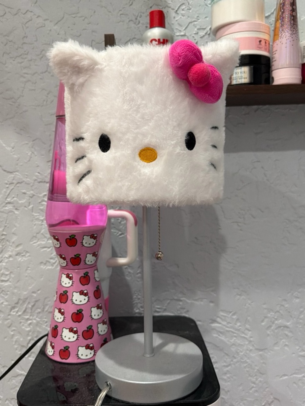 White Plush Cat Kids Table Lamp with Pink Bow